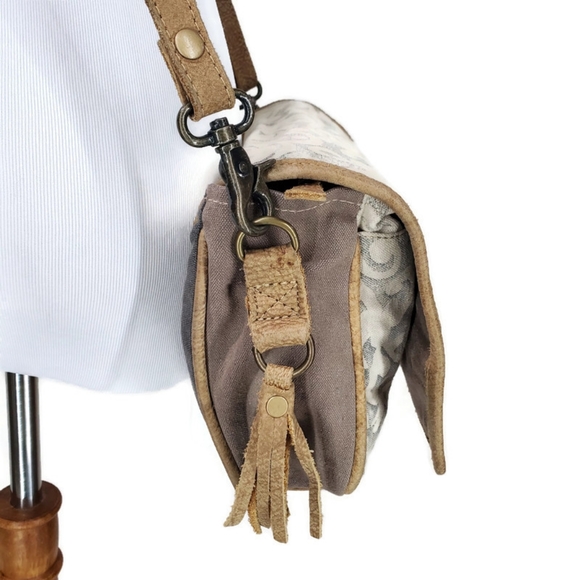 Myra Bag Glare Cowhide Upcycled Canvas Leather Messenger Crossbody Bag - Picture 3 of 16